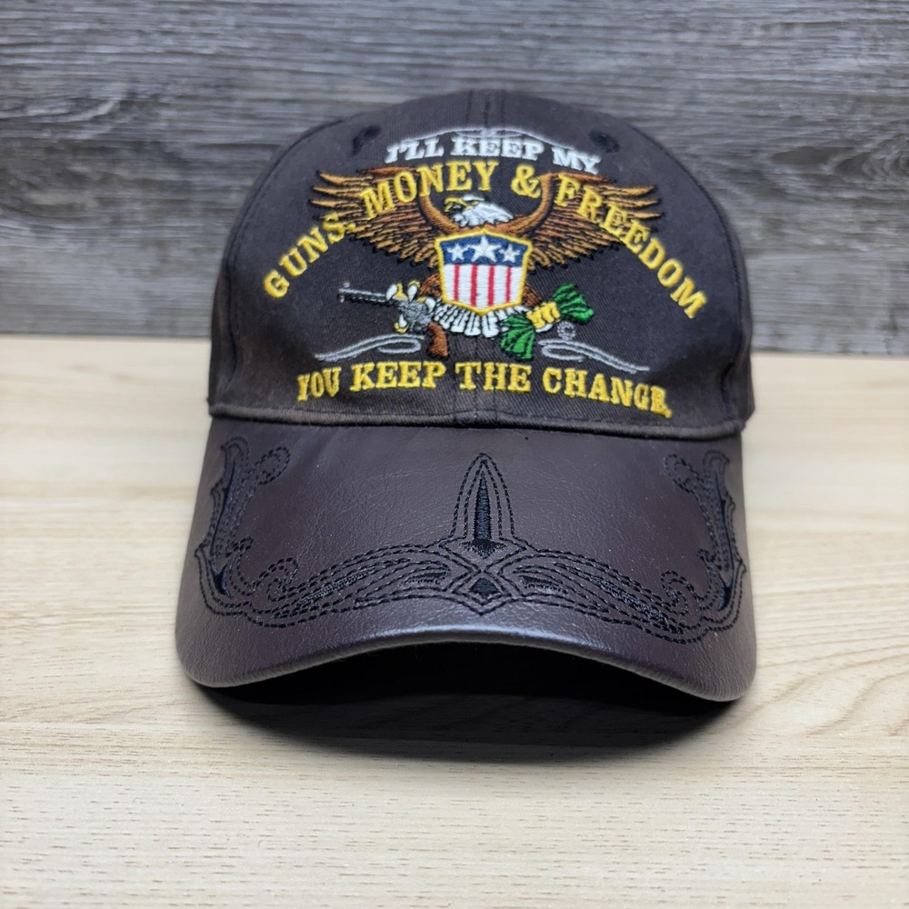 Second Amendment Hat Cap Strap Back Black Faux Leather Brim Embroidered Mens